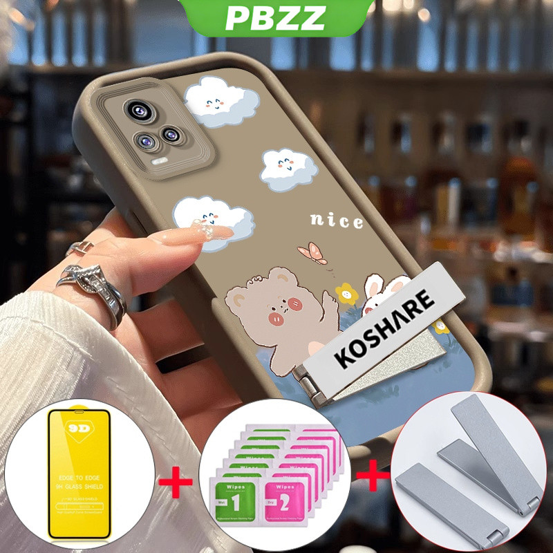 PBZZ FOR เคส พร้อมกระจกนิรภัยกรณีสําหรับ vivo v20 PRO v20se v23e v23 v21 v21e 5G เคสโทรศัพท์ Softcase กันกระแทกใหม่ออกแบบความงามการ์ตูนหมีกระต่ายผู้ถือ JTMCBXX01