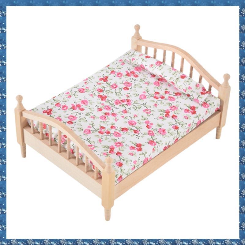 (PGM)1:12 Dollhouse Bedroom Mini Floral Double Bed Scene Furniture Dollhouse Accessories