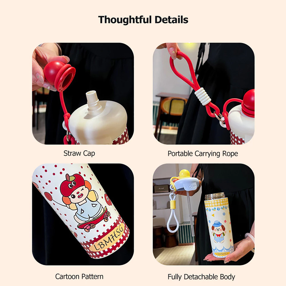 แก้วสแตนเลส 316 เก็บความเย็น 650ml ลายการ์ตูน กันรั่ว พร้อมหลอดดูดและสายคล้อง แปรงล้างแก้ว ของขวัญเด็กผู้หญิง thumbnail 6
