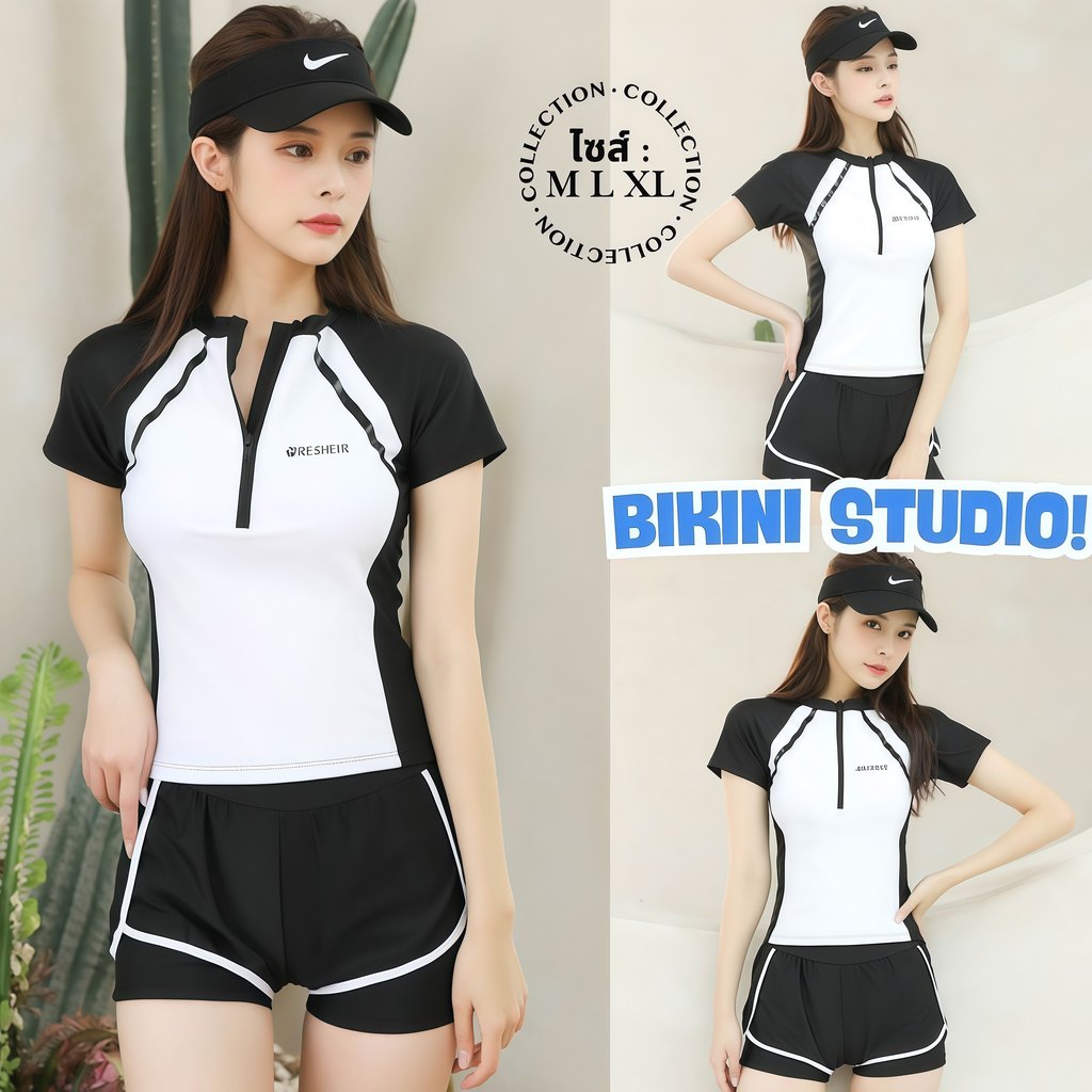 BIKINI STUDIO ชุดว่ายน้ำสุดเท่ ชุดว่ายน้ำนักกีฬา ชุดว่ายน้ำแฟชั่น  ซิปรูดด้านหน้า 🌹มีไซส์ M-XL | น้ำหนัก 40-65 กก. Y068