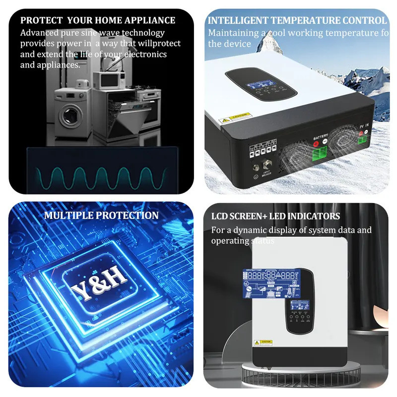 Y & H 1.8KW 3KW อินเวอร์เตอร์พลังงานแสงอาทิตย์ไฮบริด 12V 24V 220V Pure Sine Wave อินเวอร์เตอร์ MPPT 