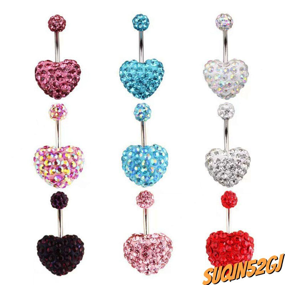 SUQIN52GJ Heart Belly Bar Dangly Bar ปุ่ม Multi Crystal Body Piercing