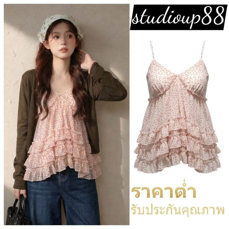(ส่งจากไทย)เสื้อท็อปสไพร์ ลายจุดสีชมพู เสื้อสายเดี่ยว ลายรอยบัว ผ้าอ่อนนุ่มใส่สบาย สไตส์แฟชั่น