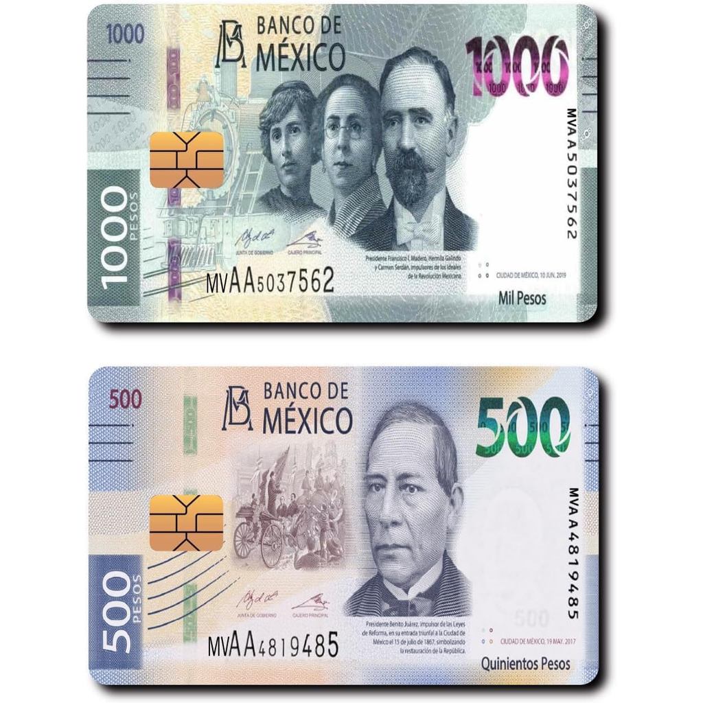 ผิวสติ๊กเกอร์ไวนิลบัตรเครดิต Mexican Peso Bill, การออกแบบ Pesos 1000 & 500, 2 แพ็ค (1)