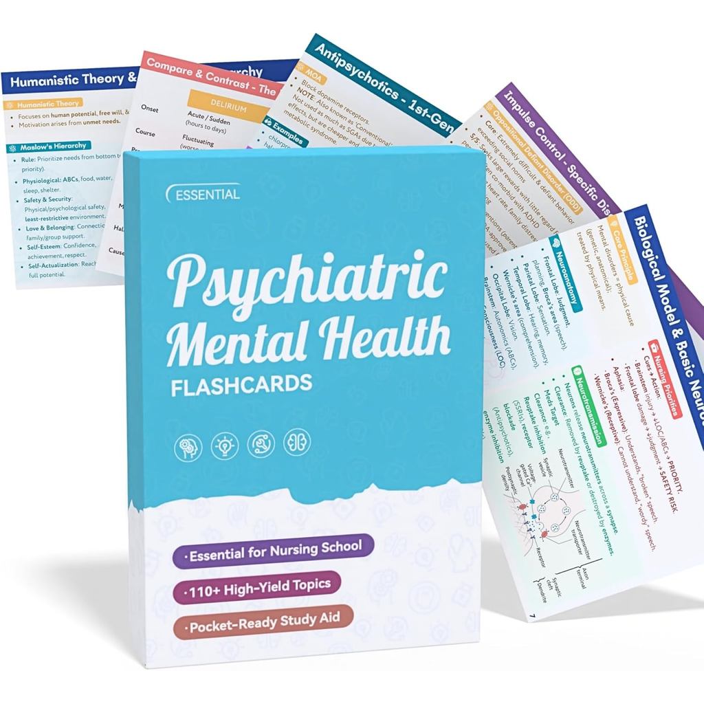 แฟลชการ์ดพยาบาลสุขภาพจิต Psychiactic สําหรับ NCLEX & PMHNP Review - คู่มือเรียนพกพาที่ครอบคลุมพร้อมส