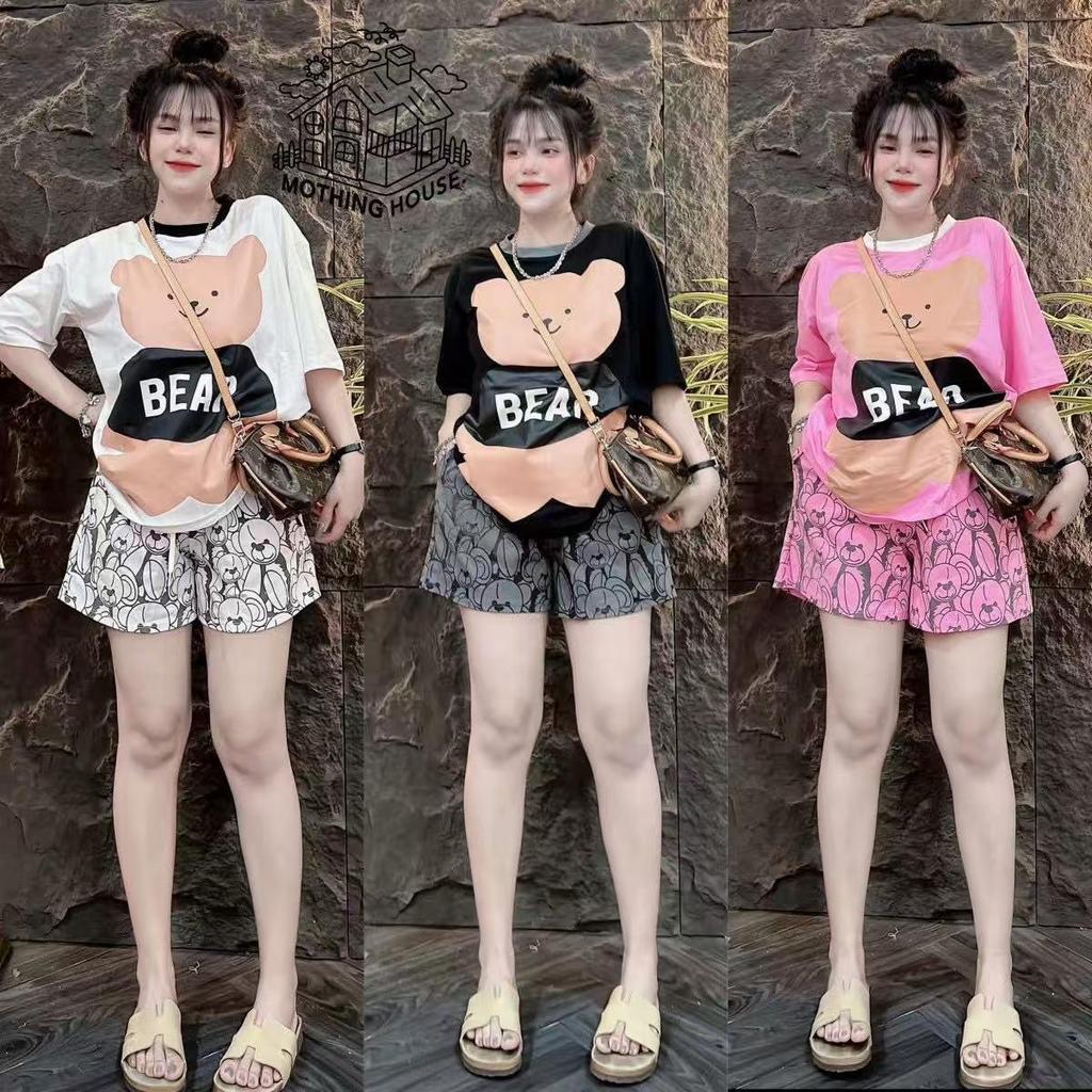 ชุดเสื้อยืดแขนสั้นและกางเกงขาสั้นพิมพ์ลายหมีสำหรับผู้หญิง สไตล์ลำลองและทันสมัยสำหรับฤดูร้อน