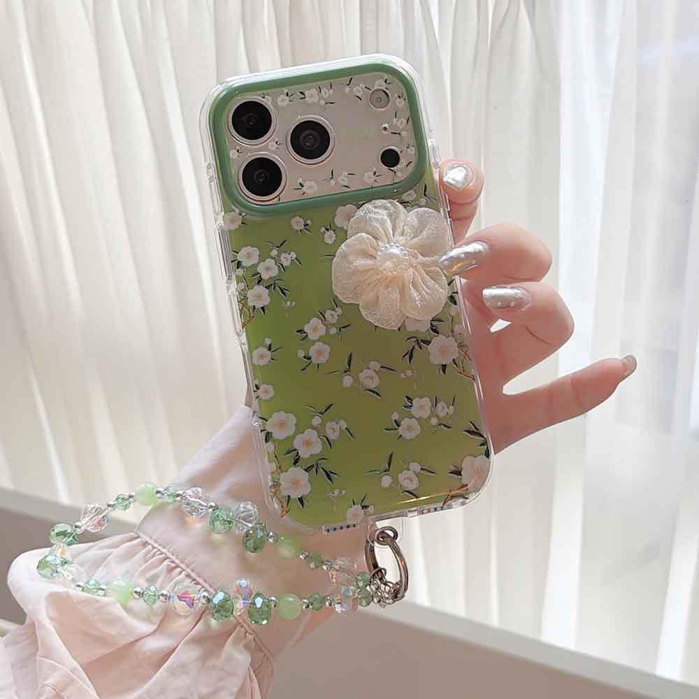 สีขาวดอกไม้สีเขียวเคสโทรศัพท์พร้อมสายคล้องสั้นสําหรับ iPhone 17Pro 17 17ProMax 16Pro 15Pro 15