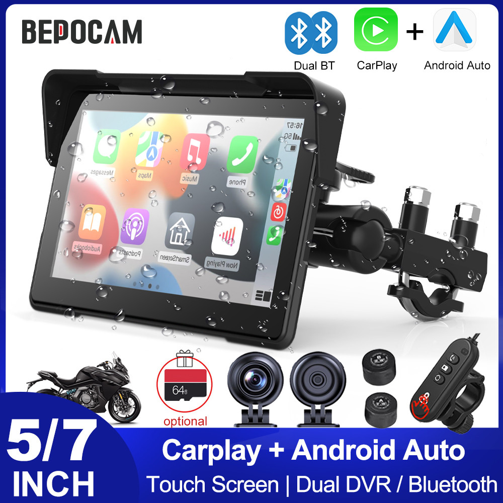 T-จอแสดงผล BEPOCAM 5/7 นิ้ว สำหรับมอเตอร์ไซค์ รองรับ Carplay, DVR, ระบบนำทาง GPS, Wireless CarPlay, 