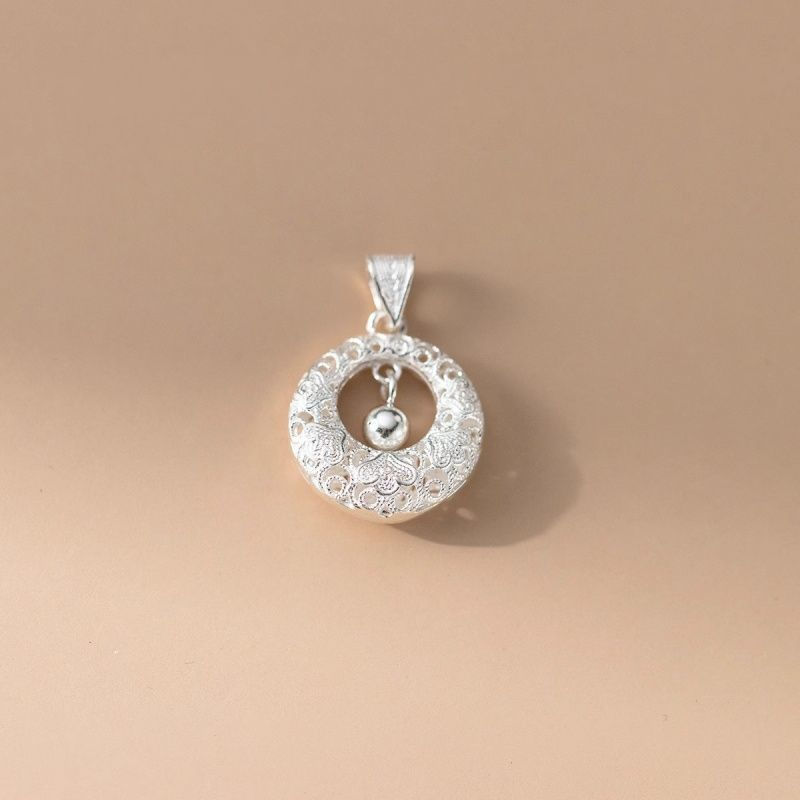 TB Spot Goods#Pure Silver999.9Filigree Peace Pendant Hollow Necklace for Women, Delicate Beaded Clav