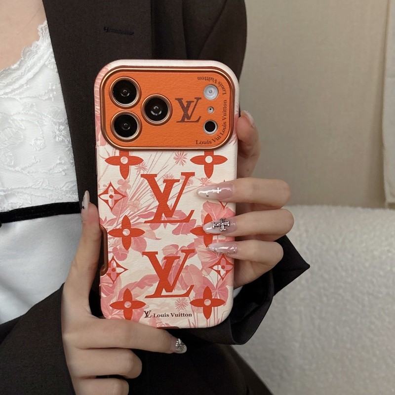 ป้ายแบรนด์หรู เคสไอโฟน 17 pro max 16 pro max 14 pro max 15 pro max เคส iphone 16 pro 17 pro 16 17 14 15 case เคสไอโฟน 15 pro 14 pro เคสโทรศัพท์ กันกระแทก หนัง ดอกไม้สีส้ม