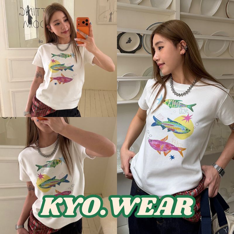 KYO 🌸 เสื้อยืดผู้หญิง ทรงเข้ารูป สไตล์ลำลอง พิมพ์ลาย "Colorful fish" ผ้าCOTTON โคตรนุ่ม เสื้อคอกลม เสือใส่สบาย【COD】