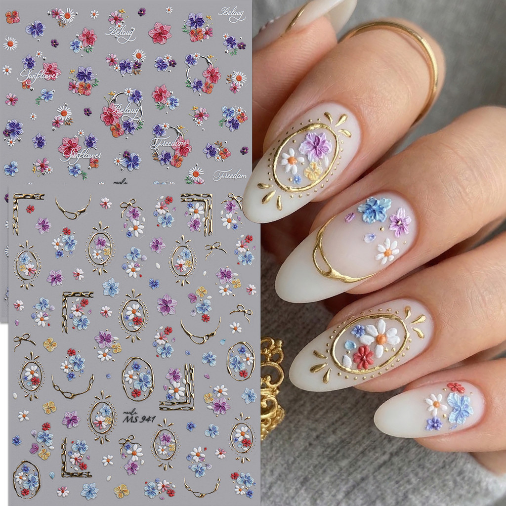HAMA 5D นูนดอกไม้เล็บสติกเกอร์ Daisy Cherry Blossom ดอกไม้เล็บ Decals Self-Adhesive เล็บอุปกรณ์สําหรับผู้หญิง