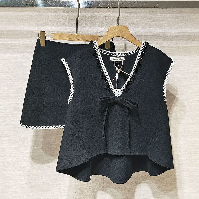 O9MC Maje Autumn women's bowknot vest+Mid-length dress set