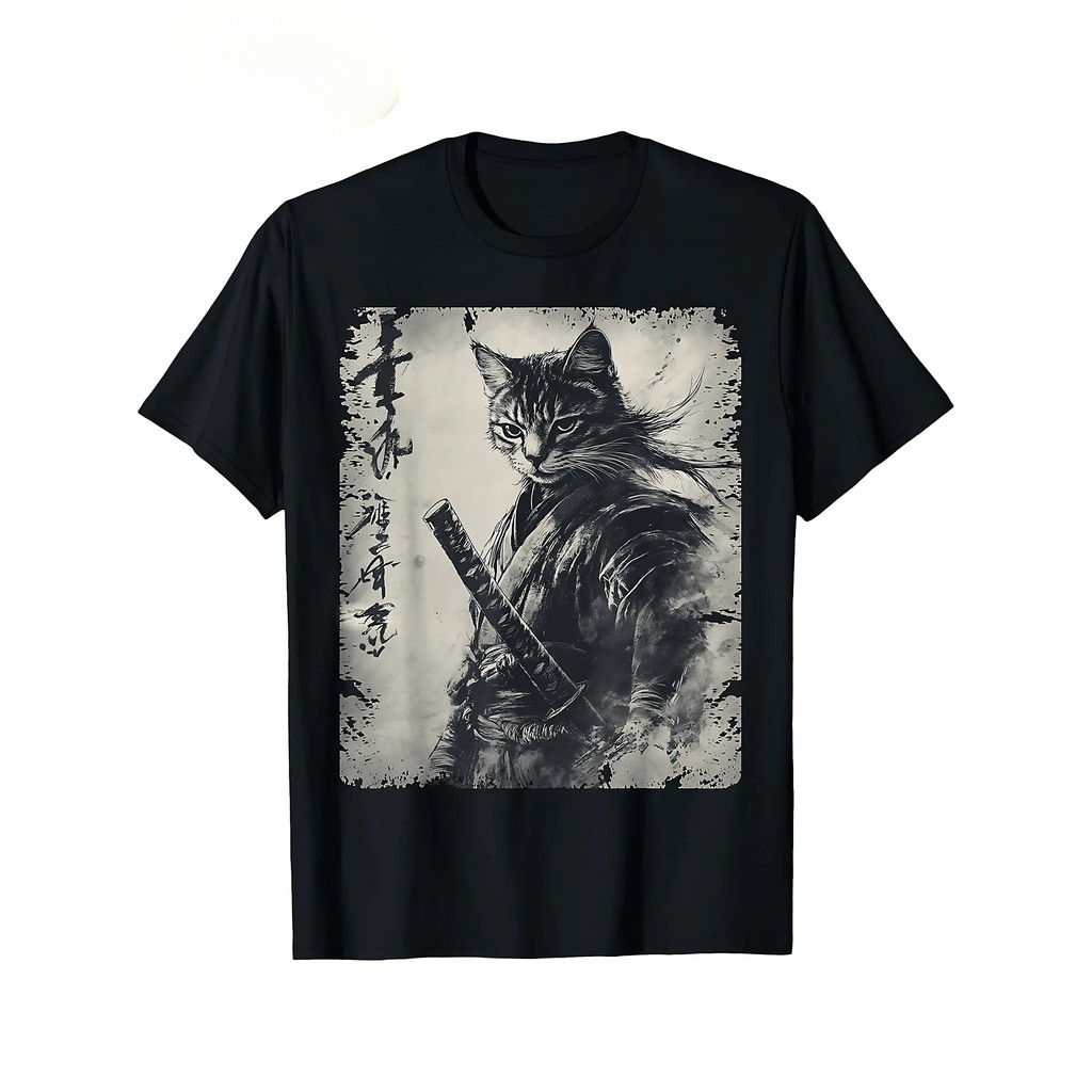 เสื้อยืดลายแมวซามูไร สไตล์ญี่ปุ่นย้อนยุค ผ้าฝ้าย 100%, คอกลม, แขนสั้น ใส่ได้ทั้งชายและหญิง (ไซส์ S–5XL)