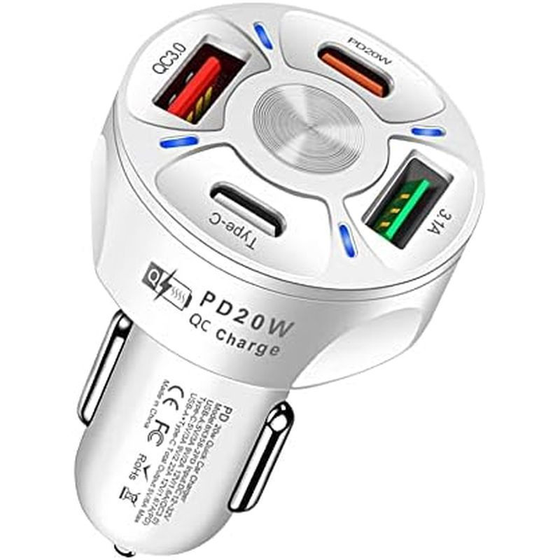 65W 4 พอร์ต Car Fast Charging Charger อะแดปเตอร์ไฟแช็ก,พร้อม QC 3.0 15W & พีดี 20W & เครื่องชาร์จโทร