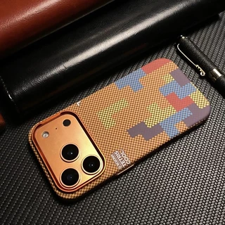 Tetris Pattern Carbon Fiber Texture/matte acrylic hard Case สีส้ม เคส เข้ากันได้ สำหรับ iPhone 14 15 16 17 pro max Case