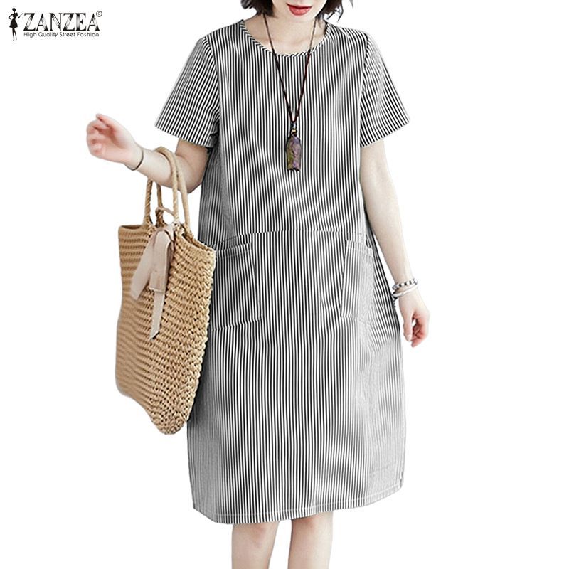 ZANZEA ผู้หญิงเกาหลีฤดูร้อน Retro ลูกเรือคอ Shorrt แขนกระเป๋าคู่ลายหลวม A-Line Dresses