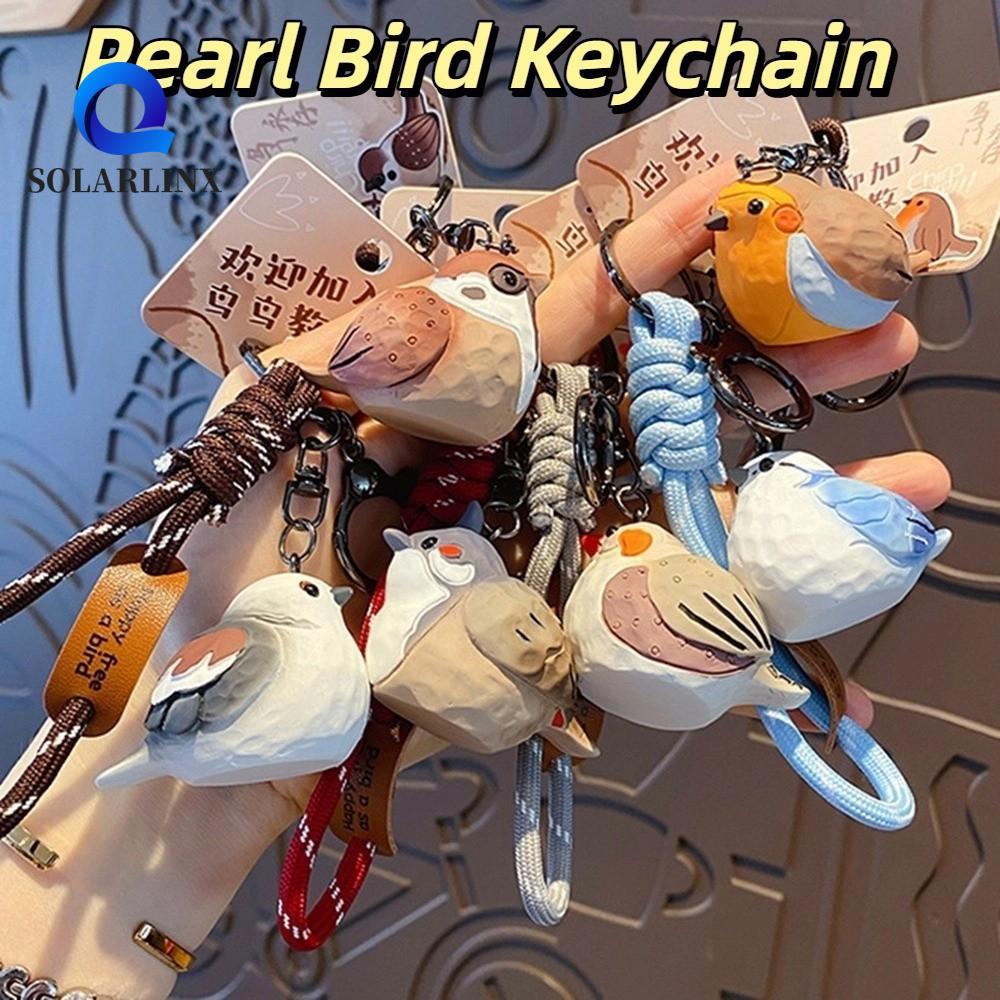 SOLARLINX เลียนแบบไม้แกะสลักพวงกุญแจ, การ์ตูนสีเทาสีฟ้า Tit สัตว์ Key แหวน, ธีมสัตว์ Kawaii Original Design Tree Sparrow Pearl Bird พวงกุญแจวันหยุดของขวัญ