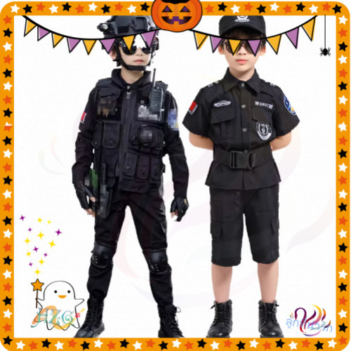 ชุดคอสตูมทีม SWAT สำหรับเด็กชายและเด็กหญิง - ชุดเครื่องแบบตำรวจผมตรงสไตล์กรุงเทพฯ สำหรับงานปาร์ตี้ฮาโลวีนและงานรื่นเริง