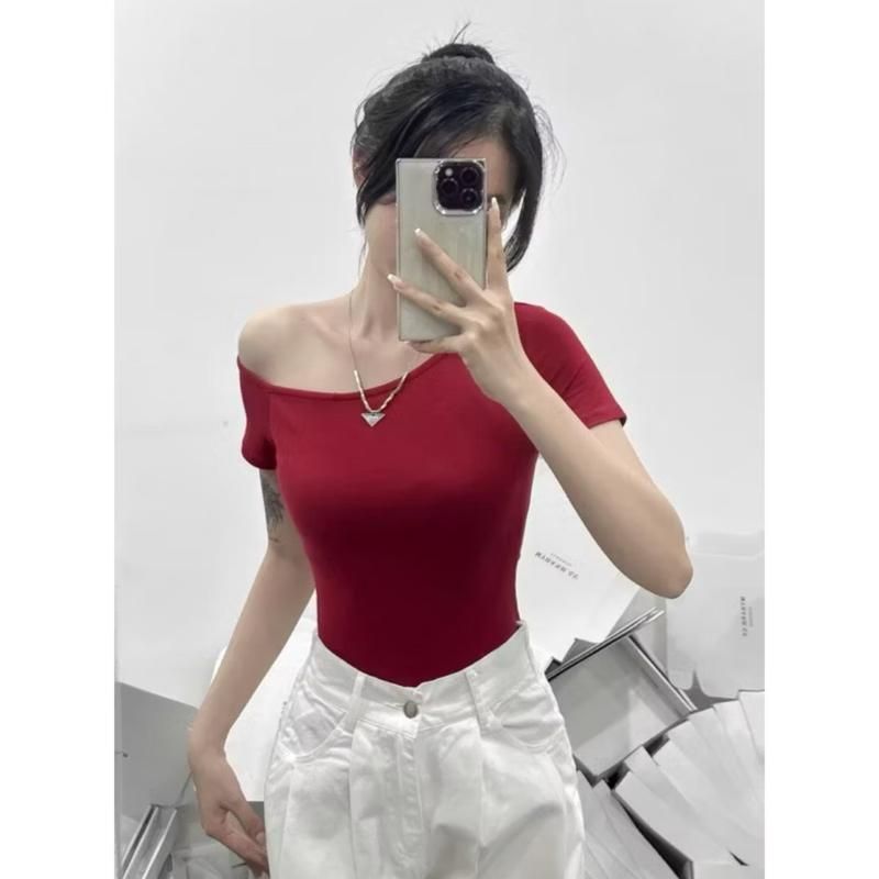 A52k เสื้อยืดคอปกเปิดไหล่ด้านเดียวแขนสั้นบอดี้คอนสไตล์ใหม่ยางยืดแท้ไซส์ต่ํากว่า 53กก.