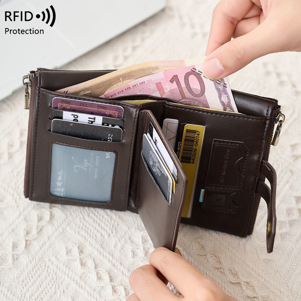 RFID Mens Short Wallet Retro 30% Off Dollar Wallet High-End Double Zipper Coin Coin Coin Coin Purse#