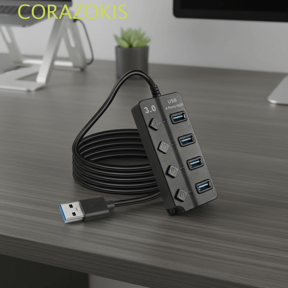 CORAZOKIS USB 3.0 Hub, Power Adapter 5Gbps ความเร็วสูง Multi USB Splitter, อะแดปเตอร์ USB 4 พอร์ตพร้อมสวิตช์สายยาวหลาย Expander Hub สําหรับ PC