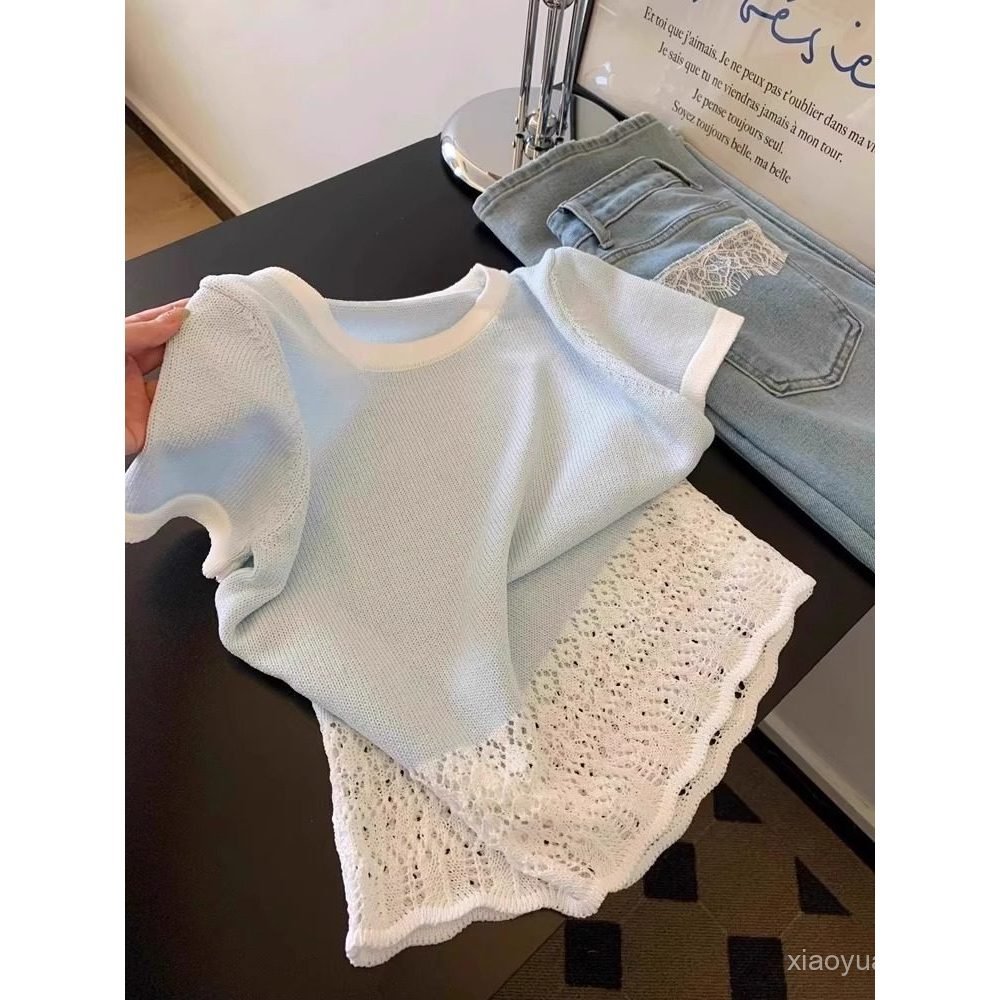 สไตล์เกาหลีสดทุกการแข่งขันลูกไม้ขอบเย็บกลวงแขนสั้นเสื้อยืดผู้หญิงฤดูร้อนผ้าไหมน้ําแข็งฝรั่งเศสรอบคอค