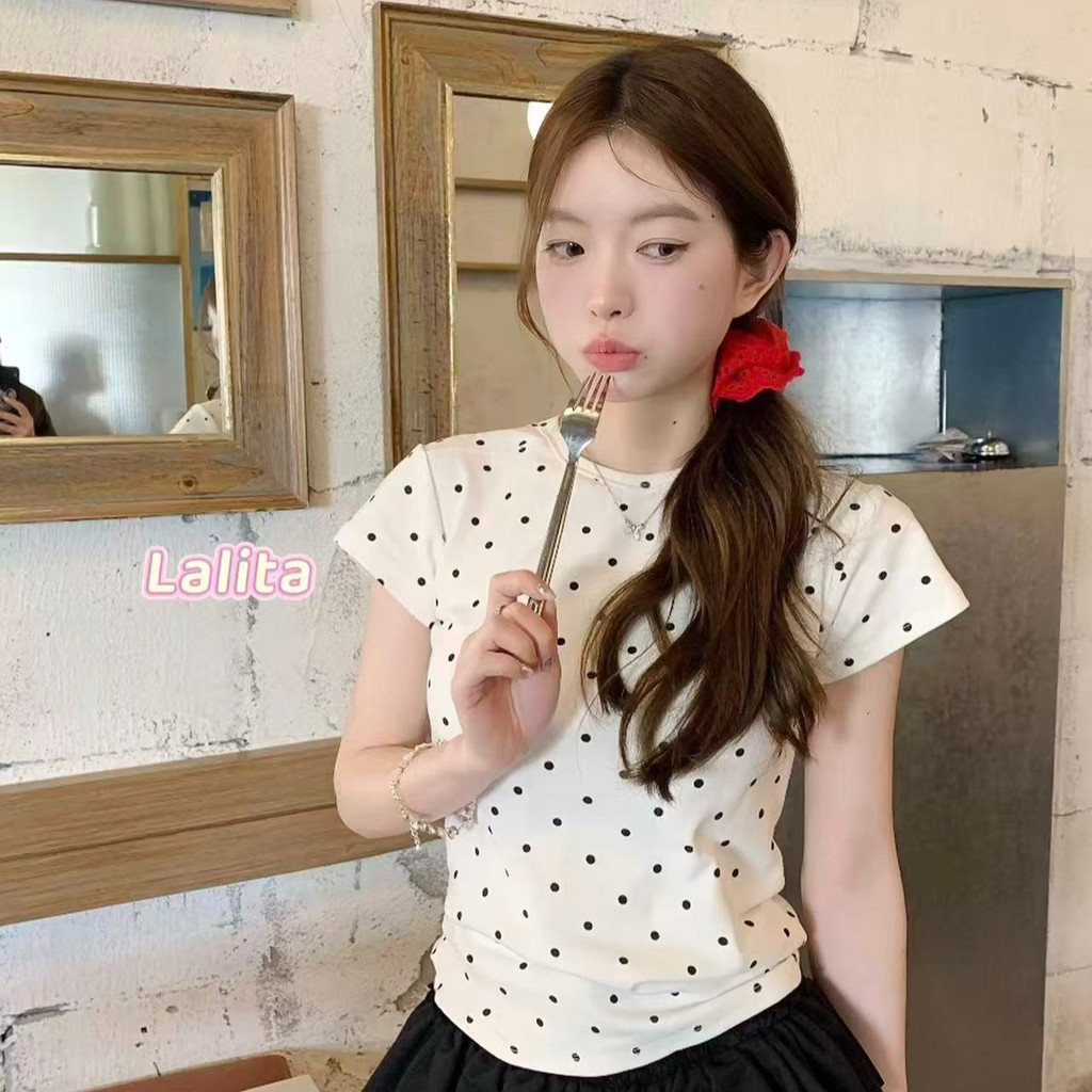 พร้อมส่งในไทย เสื้อเชิ้ตแขนสั้นลายจุดผู้หญิง เสื้อทรงสลิมฟิต น่ารักสไตล์เกาหลี🍒Lalita
