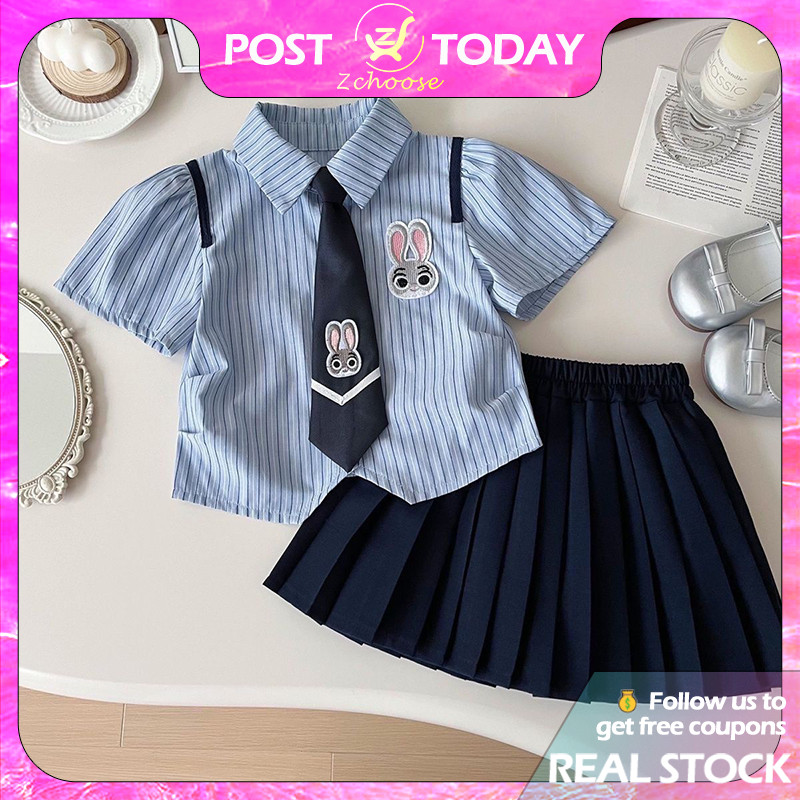 ❤️🇹🇭[พร้อมส่ง]🇹🇭 ชุดเด็กผู้หญิงน่ารัก ลายกระต่าย เสื้อเชิ้ตแขนสั้น + กระโปรงพลีท สไตล์นักเรียน เซต 2 ชิ้น หน้าร้อน