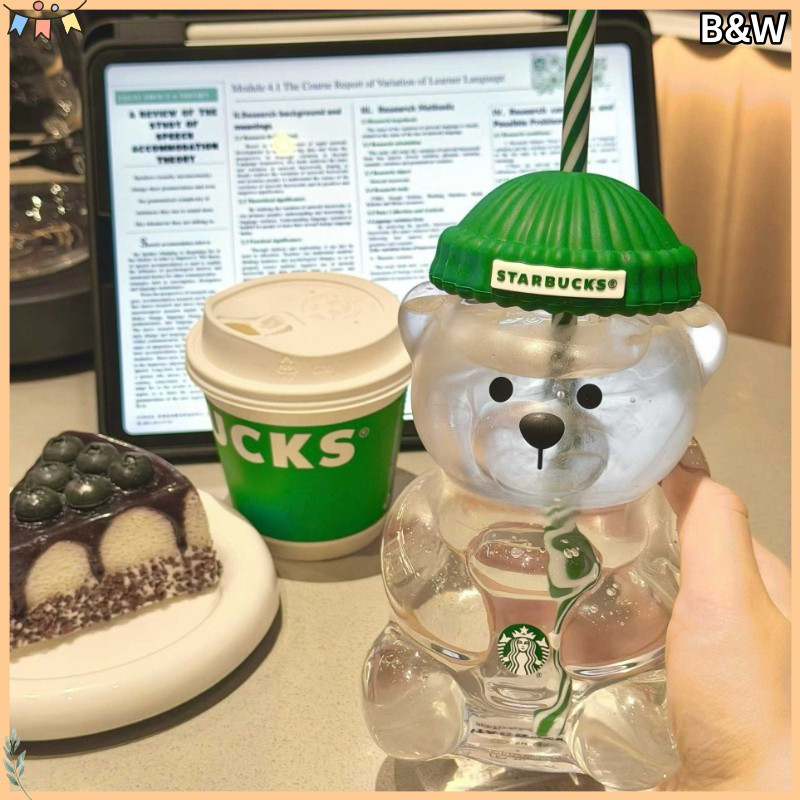 B&W Bear Shape North American Holiday Christmas Cold Cup with Straw Limited Edition Creative Gift for Coffee Tea Cute Starbucks Cup Bearista Bear Glass Cup with Straw 591ml