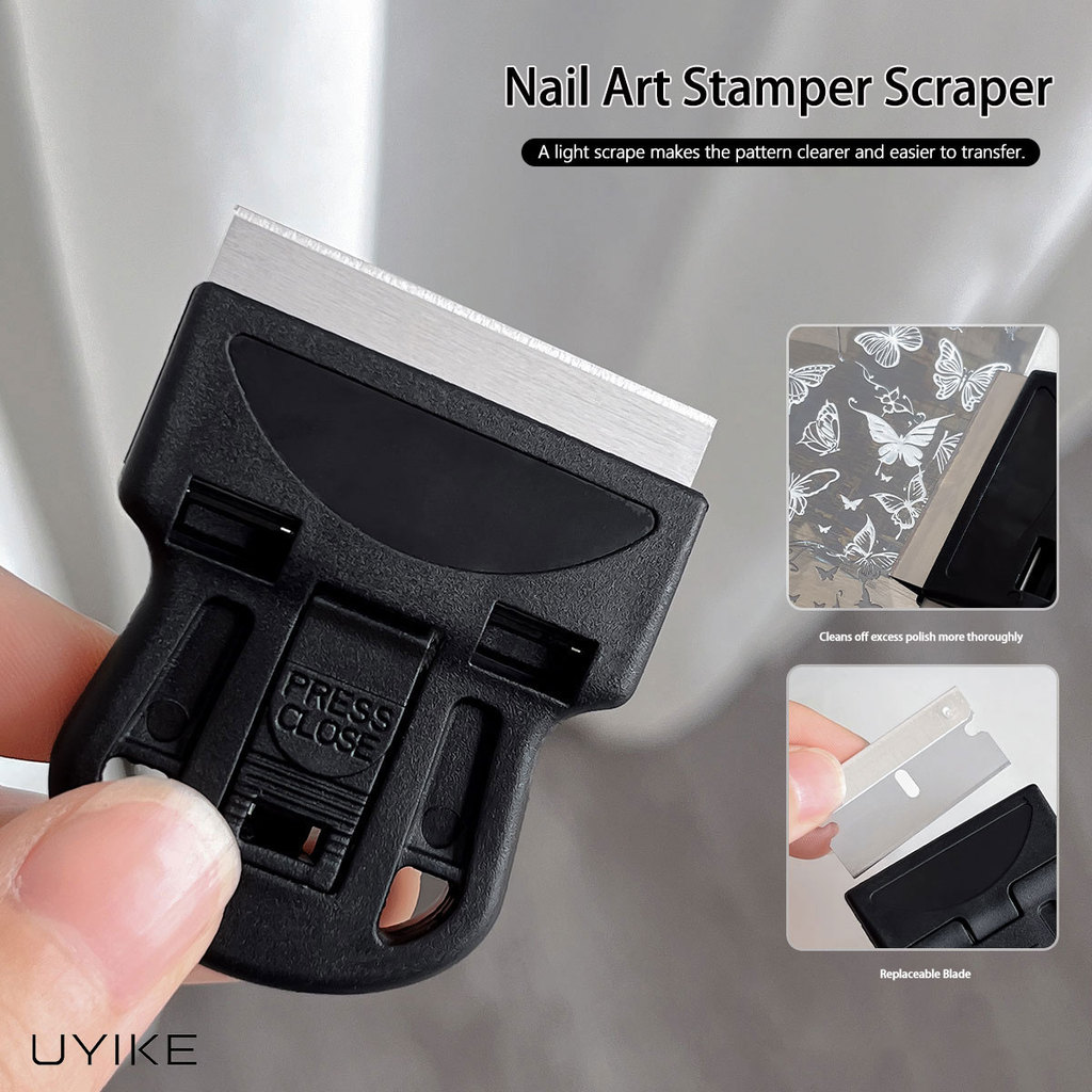 UYIKE ชุดเครื่องมือทําเล็บอเนกประสงค์มีดโกนโลหะและไม้พายสําหรับแผ่นปั๊มกาว Remover & Transfer เครื่องมือ