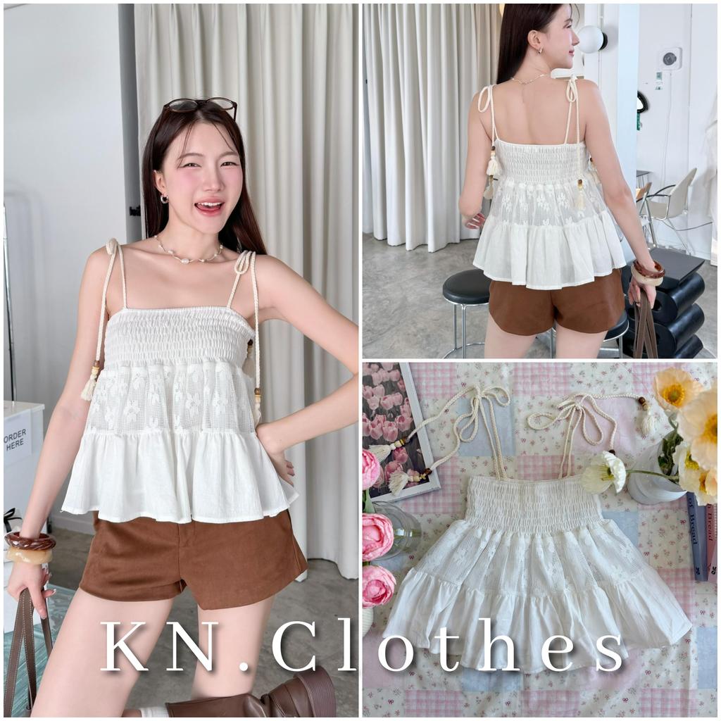 Sandy cami : เสื้อสายเดี่ยว สายถักเปียร้อยลูกปัด สม็อครอบอก แต่งผ้าตาข่ายซีทรู KN.Clothes