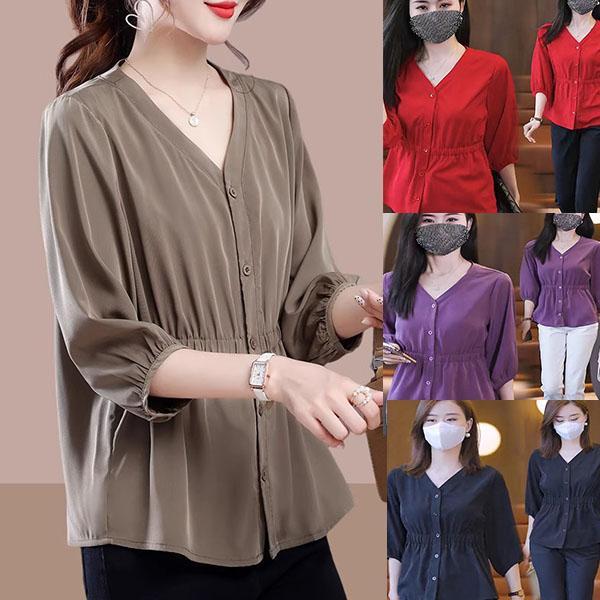mimi&didi#เสื้อเชิ้ตทรงเบบี้ดอลล์หลวมๆ สำหรับสาวไซส์ใหญ่ แขนสามส่วน ดีไซน์ซ่อนรูปร่าง เสื้อเพรียวบาง#W683 – โปรปัง