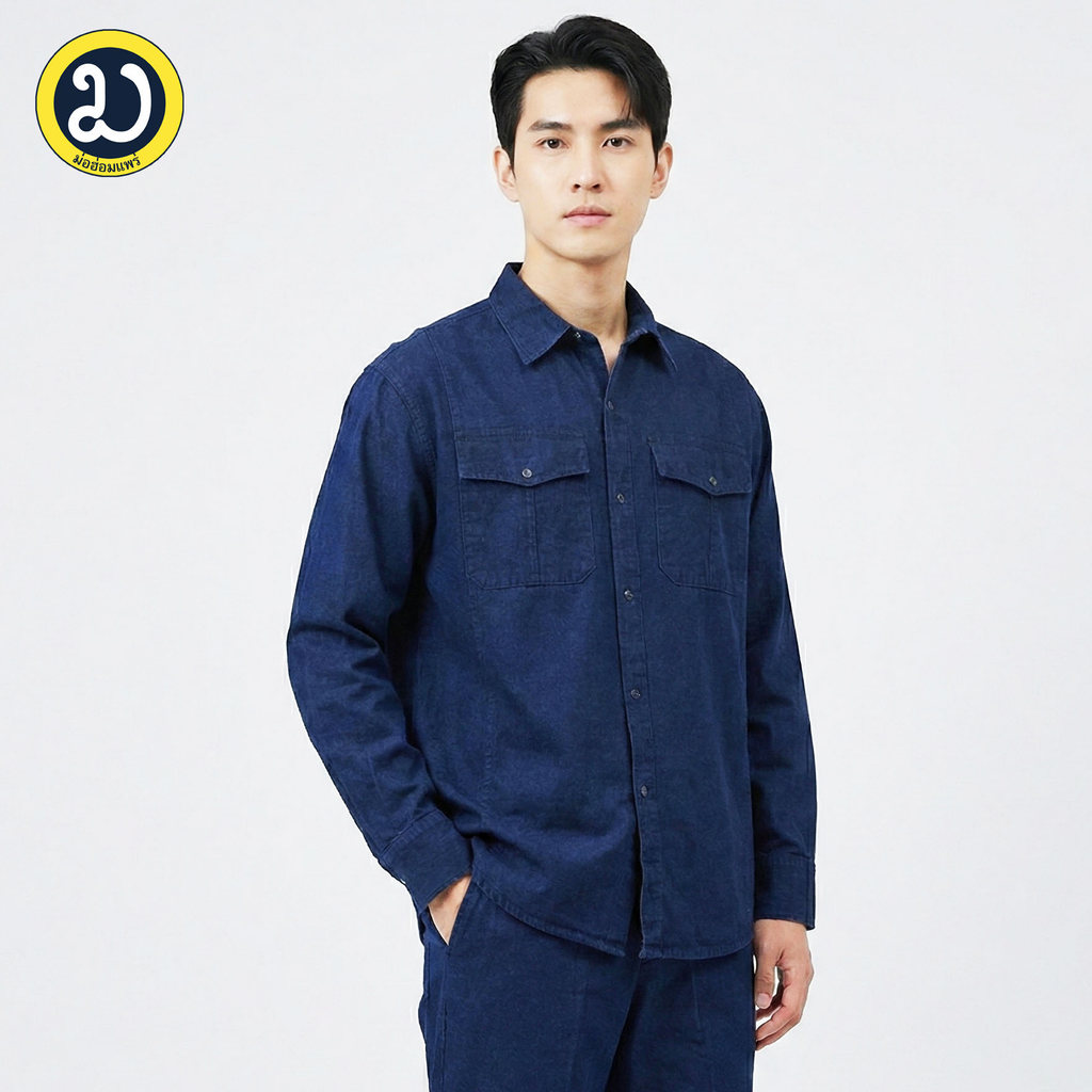 เสื้อเชิ๊ตม่อฮ่อมแบบดั้งเดิม คอปก กระดุมธรรมดา 2 กระเป๋า แขนยาว ( มีฝาปิดกระเป๋า)