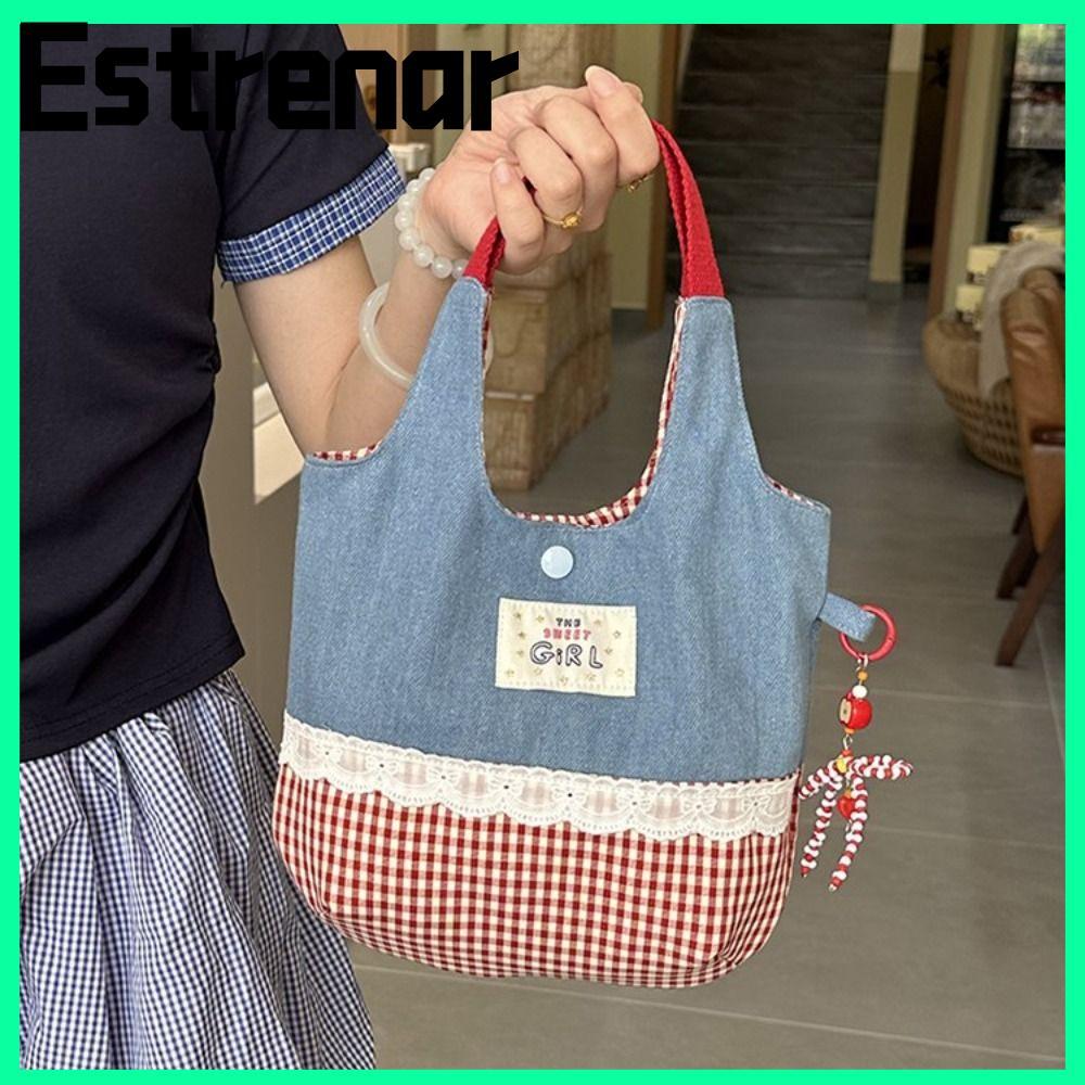 ESTRENAR Tote Bags, Canvas INS Sweet Lace Handbag, Korean Denim Plaid Commuting Bags