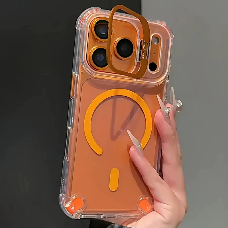 เคสโทรศัพท์แม่เหล็กโปร่งใสสําหรับ iPhone 11 12 13 14 15 16 17 Pro Max Air Plus วงเล็บเลนส์ป้องกันกรณีฝาครอบ