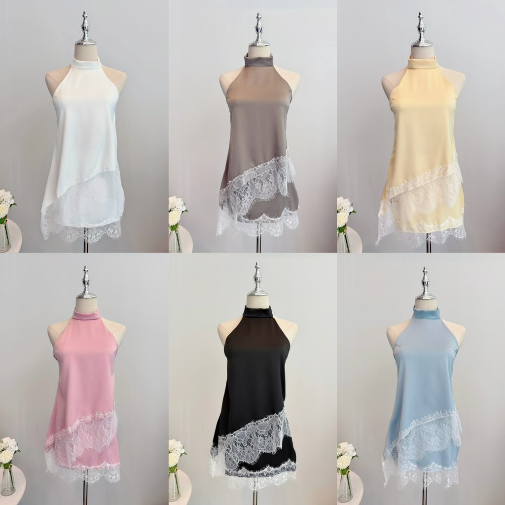 S102 -ชุดเซ็ตซาติน แต่งลูกไม้ เสื้อคอเต่าชายเฉียง แมทกระโปรง