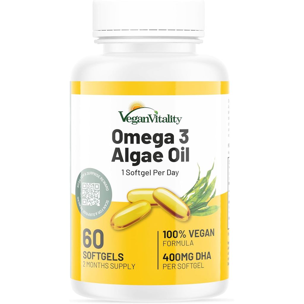 Omega 3 Algae Oil : 400mg DHA - for Heart, Joints, Brain Health, High Strength 60 Softgel Tablets, 2