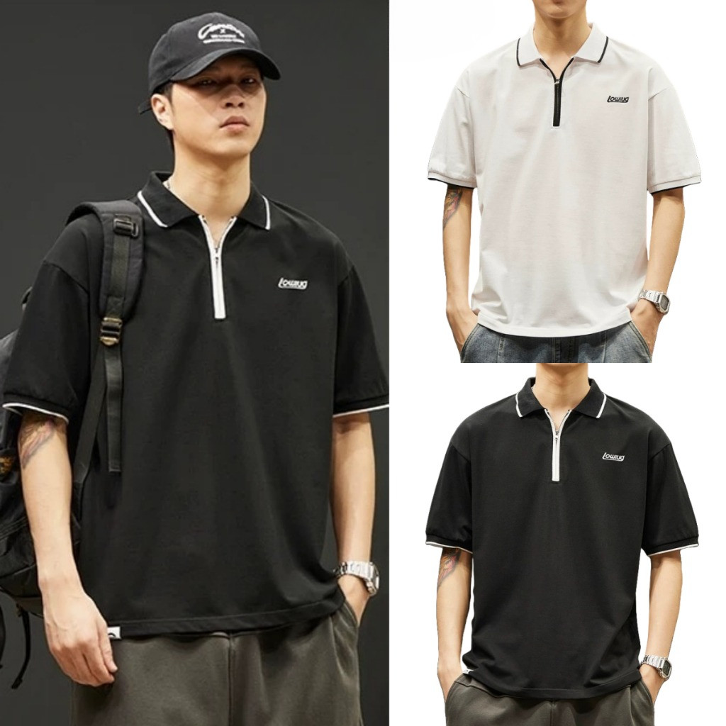 Chaistyle เสื้อโปโลผู้ชาย การออกแบบซิปครึ่ง สีดำสีขาว แฟชั่นเรียบง่าย หลวมใส่สบาย