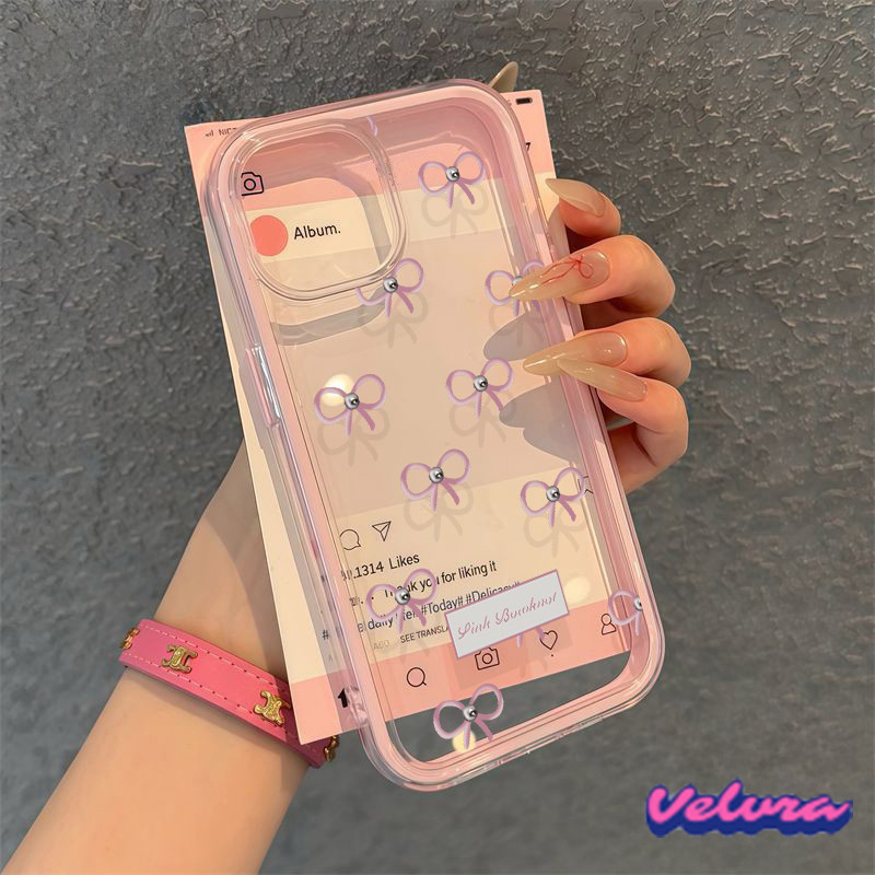 เคสไอโฟน 17 สำหรับ IPhone 13 16 11 12 15 14 Pro Max XR X XS Max 7 8 15 16 Plus SE เคสกันกระแทกแบบใส 2 in 1 โบว์สีชมพูมุก