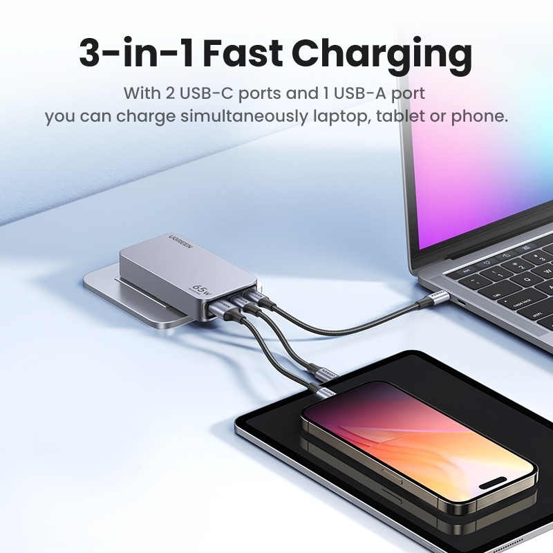 UGREEN GaN 65W Ultra-thin Fast Charger Adapter 3-Port GaN Compact Fast PPS Wall Charger สําหรับโทรศัพท์ Steam Deck ราคา ถูกที่สุด ดีลบีเคเค แกลเลอรีภาพที่ 2