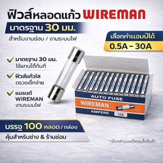 💥 มีราคาส่ง (แพ็ค 100 ชิ้น) ฟิวส์หลอดแก้ว WIREMAN 30 มม. 250…