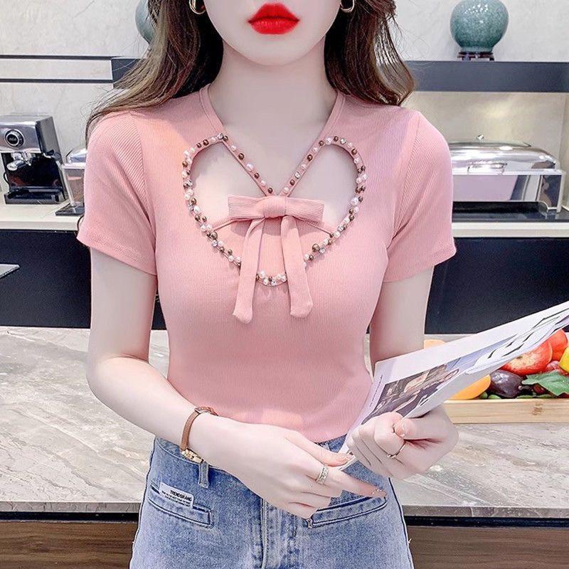 Good Things Slimmer ดูขนาดใหญ่ MMV คอ Love Heart Hollow สีชมพูแขนสั้นเสื้อยืดผู้หญิงฤดูร้อนยุโรปสินค