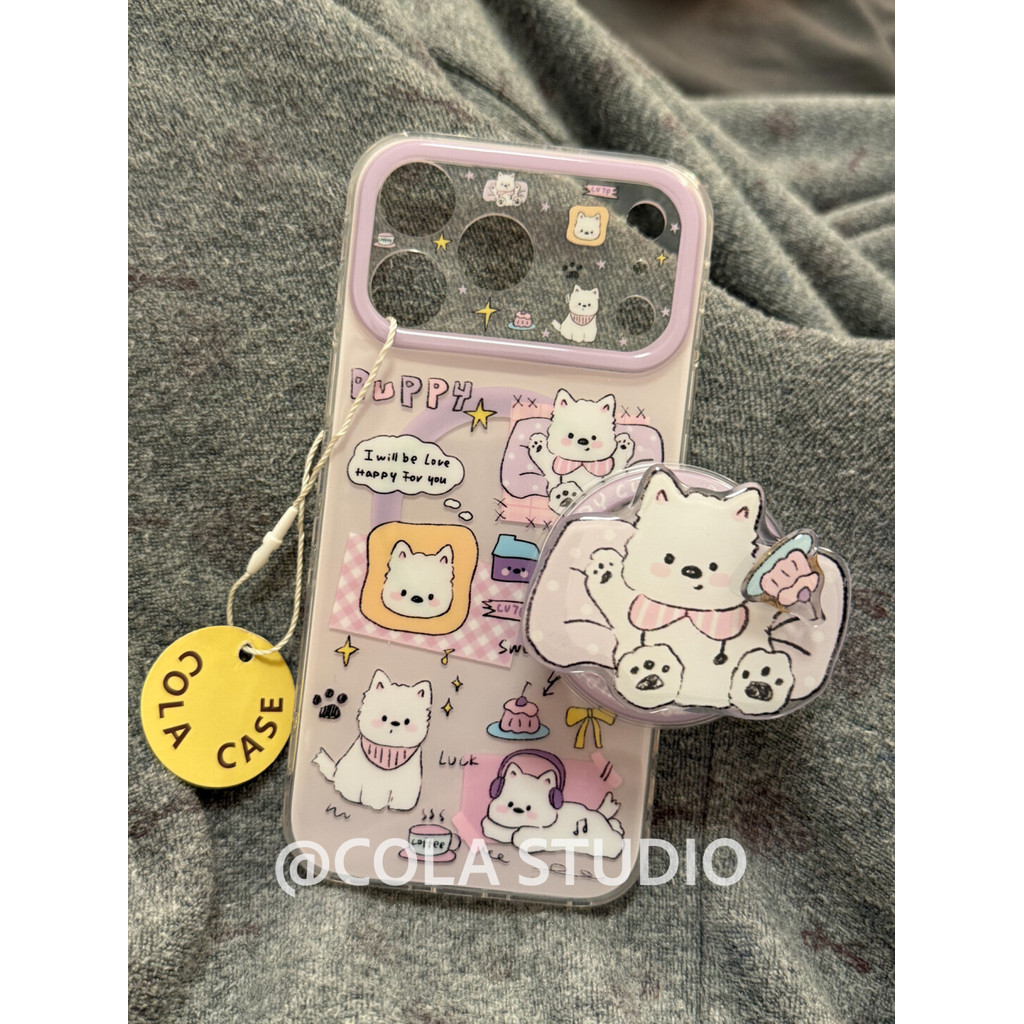 กรณีแม่เหล็ก Double-Layer น่ารัก Westie สุนัขโซฟาสีม่วงรูปแบบที่ถอดออกได้แม่เหล็ก Kickstand สําหรับ IPhone 17 Pro Max 16 Pro 15 14 Pro
