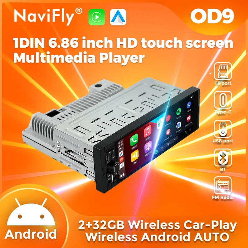 Navifly 2G + 32G Universal 1 Din Android 6.86 นิ้ว HD หน้าจอสัมผัสไร้สาย CarPlay Auto รถวิทยุเครื่อง