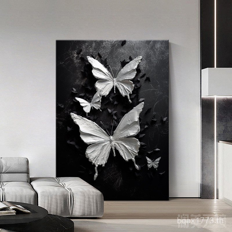 ภาพวาดตกแต่งผนังพื้นหลังสีดําสีขาวภาพจิตรกรรมฝาผนังชั้นที่เรียบง่ายภาพวาดผีเสื้อห้องนั่งเล่นแสงหรูหร