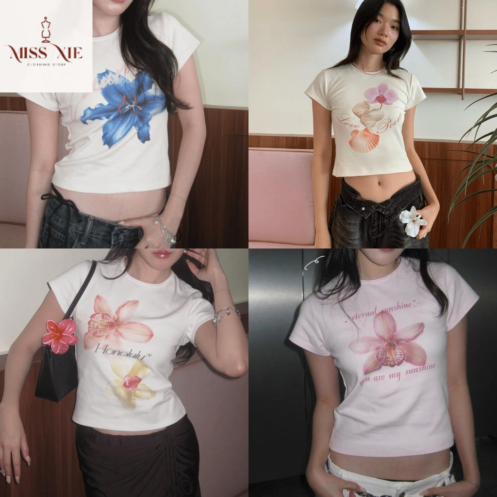 baby tee เสื้อเบบี้ทีลายวน เสื้อครอปท็อป แขนสั้น พิมพ์ลายหัวจ เสื้อดอกไม้