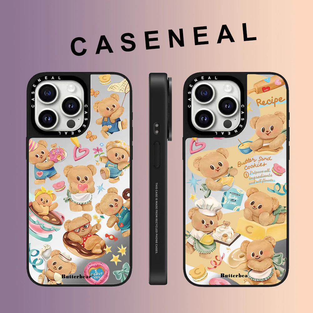 CASENEAL น่ารักเนยตุ๊กตาตุ๊กตาหมีกระจกหน้าเคสโทรศัพท์สําหรับiPhone 17 Pro Max 16 ProMax 15Pro 14 Plus 13 12 11 โทรศัพท์กันกระแทกขอบนุ่มฮาร์ดป้องกันกรณี