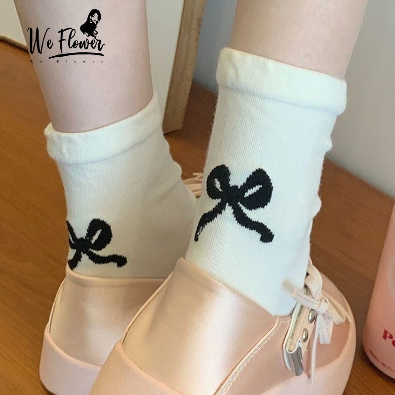 We Flower Preppy Style Black Bow Ankle Socks for Women Girls Soft Cotton Short Stocking All Seasons 