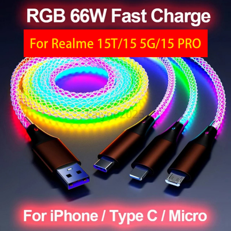KY64 1.2M 6A 3 IN 1 66W Type C Fast สายชาร์จ RGB USB Type C Micro Data สายไฟสําหรับ Realme 14 5G 14T